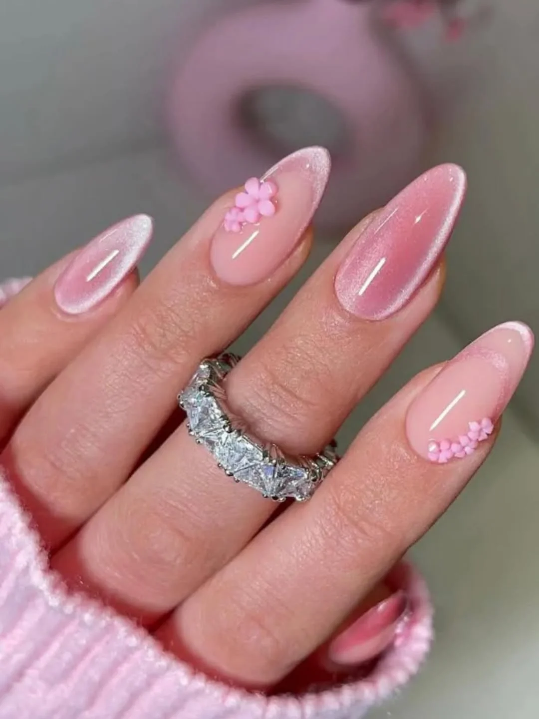 july nails design ideas 2026 + Pink 3D Flower Nails With Soft Sparkle
