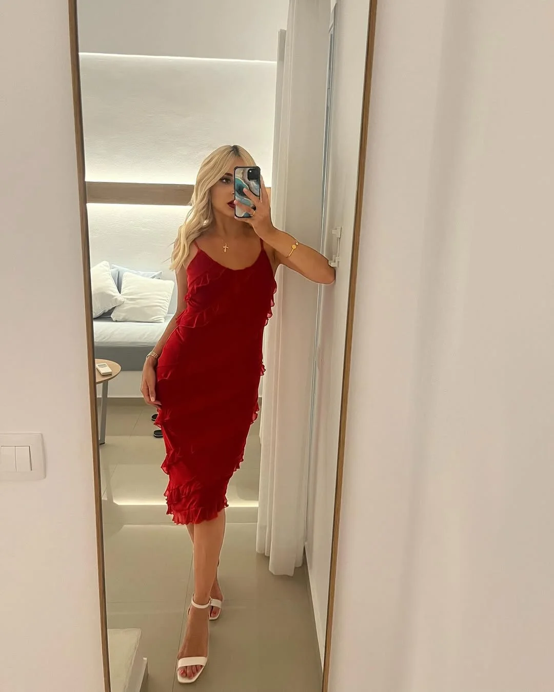 July outfits ideas 2026 + Red Ruffle Midi Dress For A July Night Out