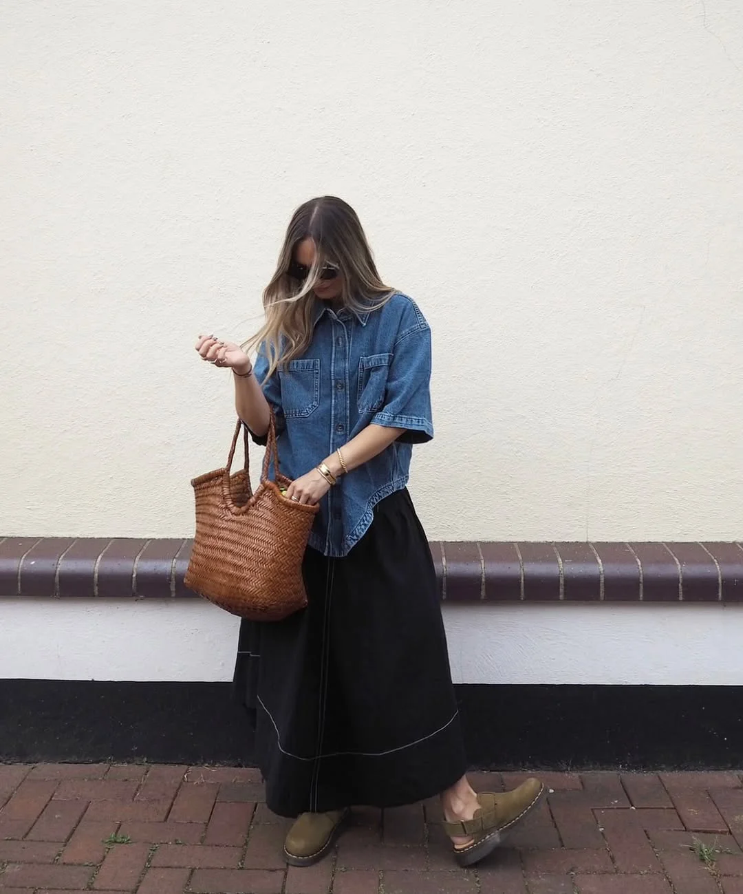 July outfits ideas 2026 + Denim Shirt And Black Maxi Skirt For Easy City Days