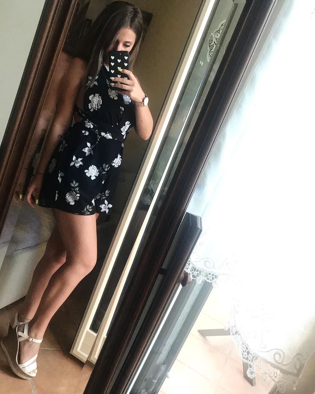 July outfits ideas 2026 + Black Floral Mini Dress With White Wedge Sandals