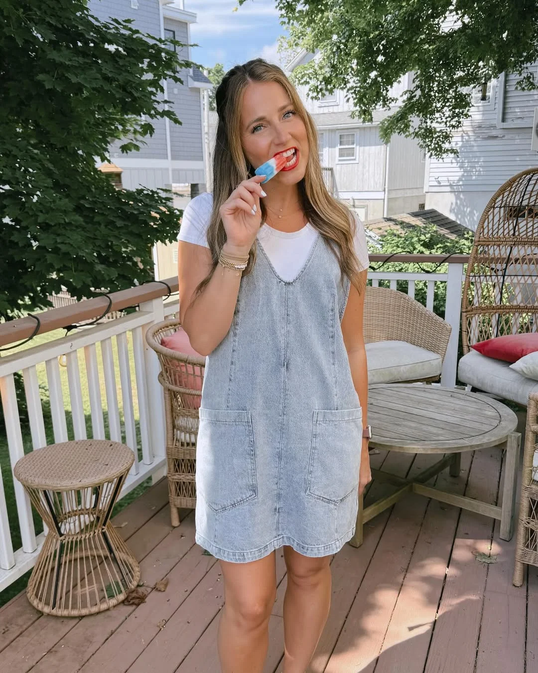 July outfits ideas 2026 + Denim Pinafore Dress With A White Tee