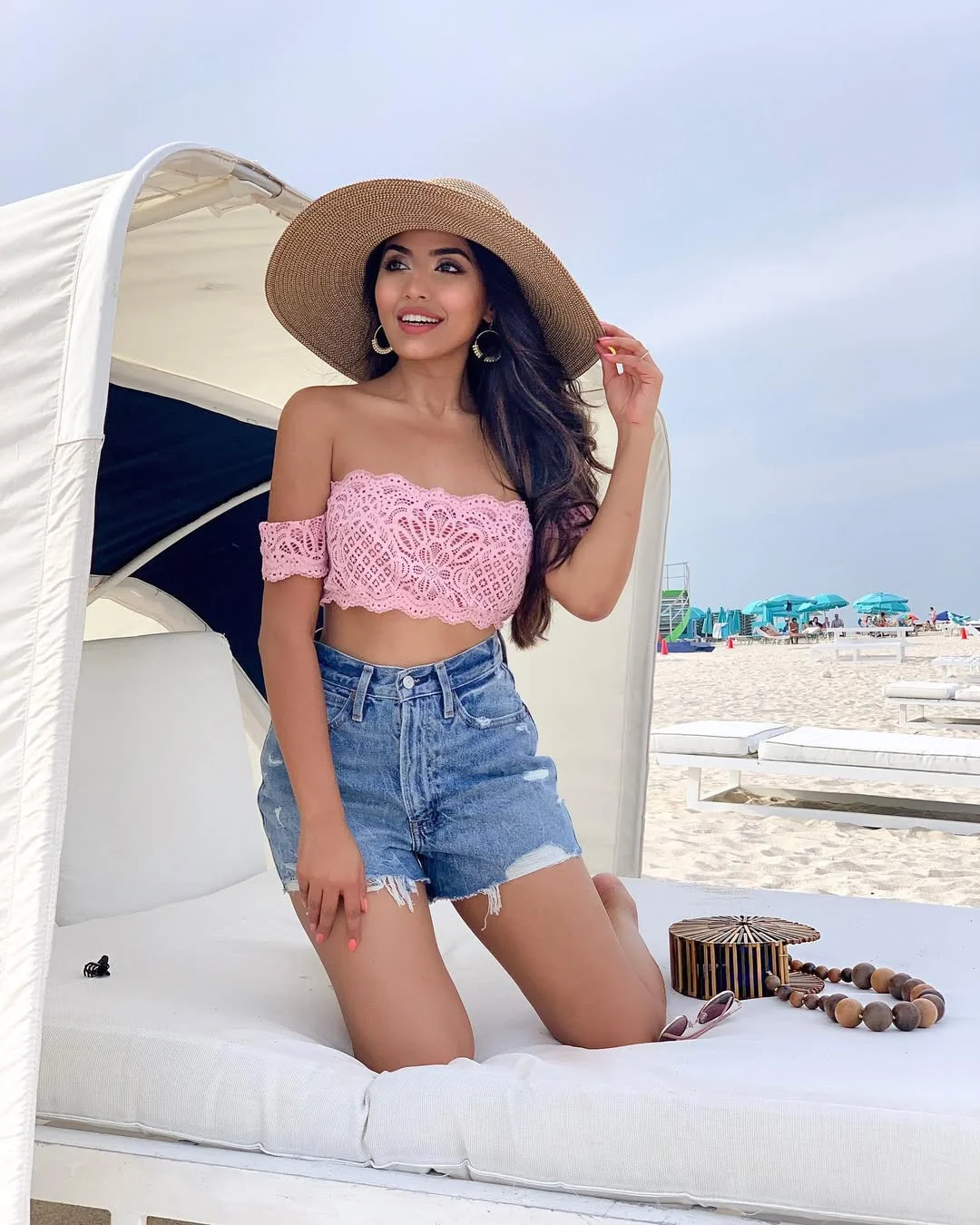 July outfits ideas 2026 + Pink Lace Crop Top With Denim Shorts