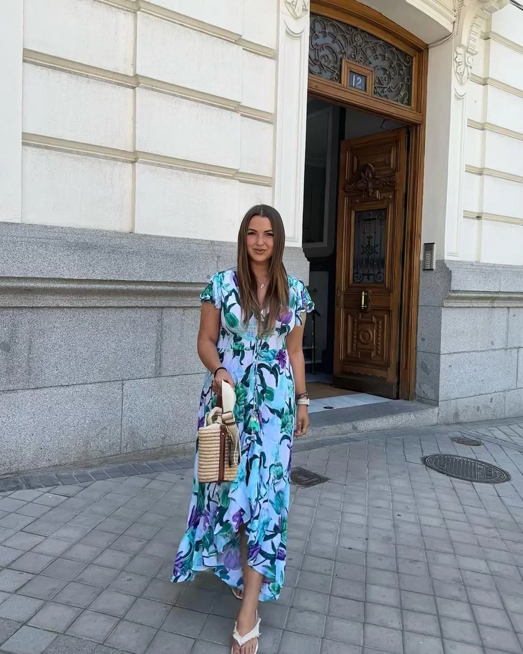 July outfits ideas 2026 + Tropical Maxi Dress With A Straw Handbag