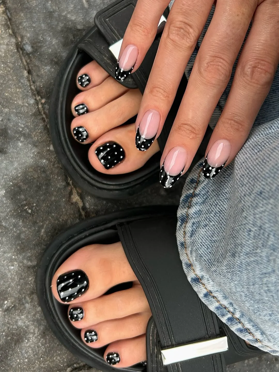 July toe nail colours ideas 2026 Glossy Black Dots With A Cool Sandal Mood