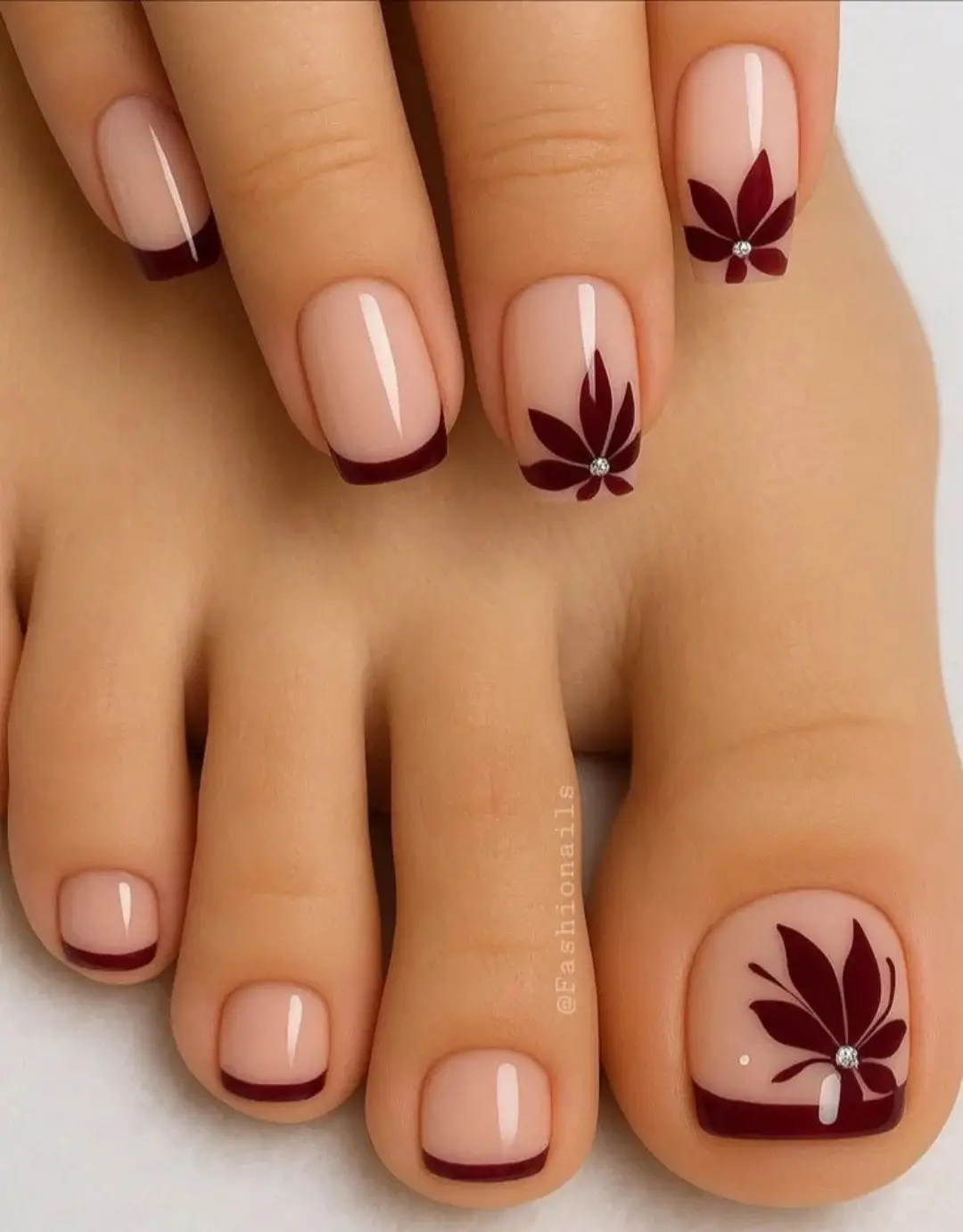 July toe nail colours ideas 2026 Burgundy Floral French For A Dressier July Mood