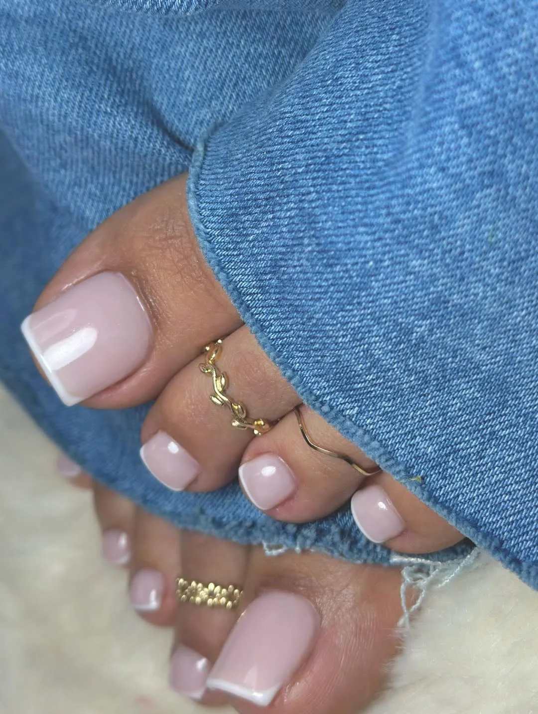 July toe nail colours ideas 2026 Milky French Toes With Gold Summer Rings