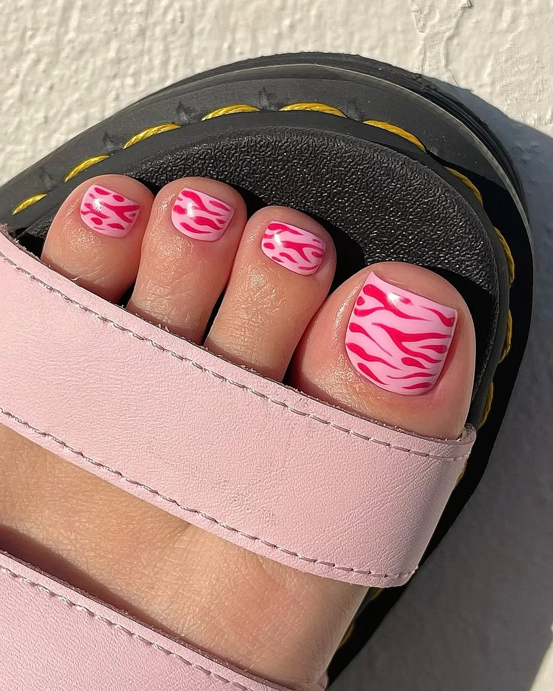 July toe nails design - summer ideas 2026 + Pink Zebra Print Pedicure With A Playful Sandal Moment