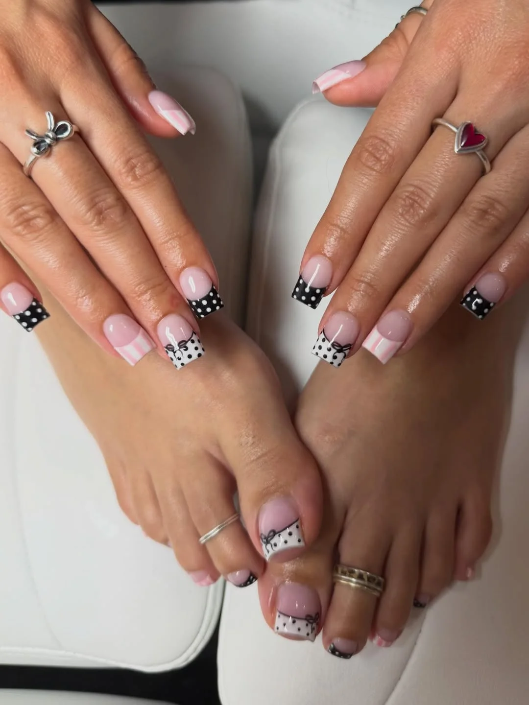 July toe nails design - summer ideas 2026 + Bow French Mani And Pedi With Black And White Dots