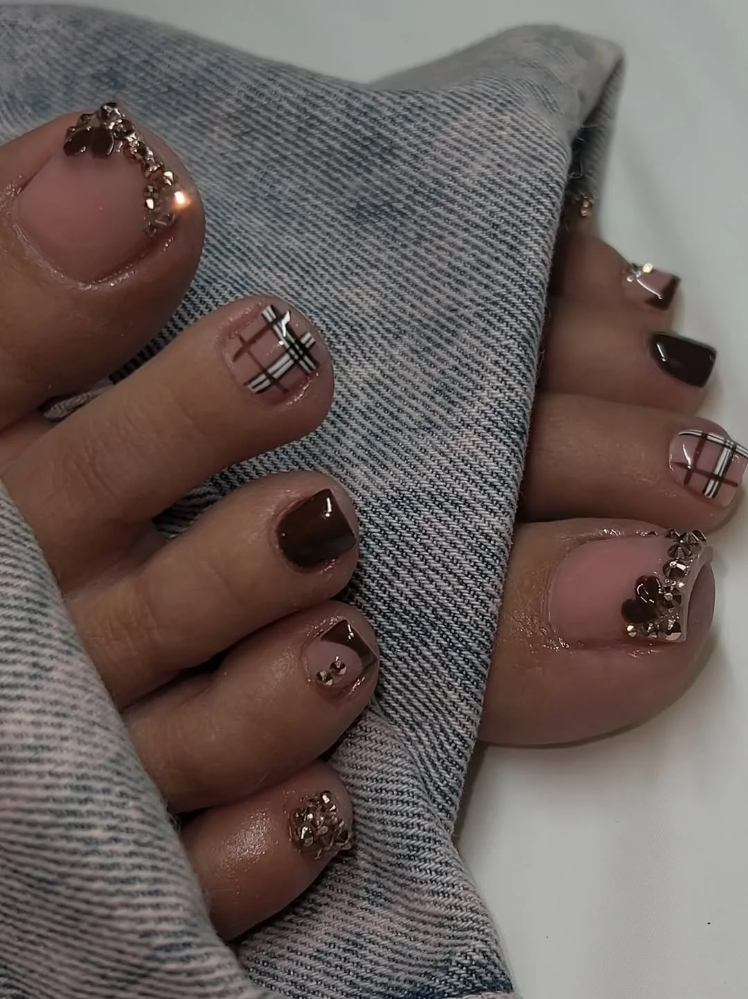 July toe nails design - summer ideas 2026 + Moody Plaid Toe Art With Rhinestone Shine
