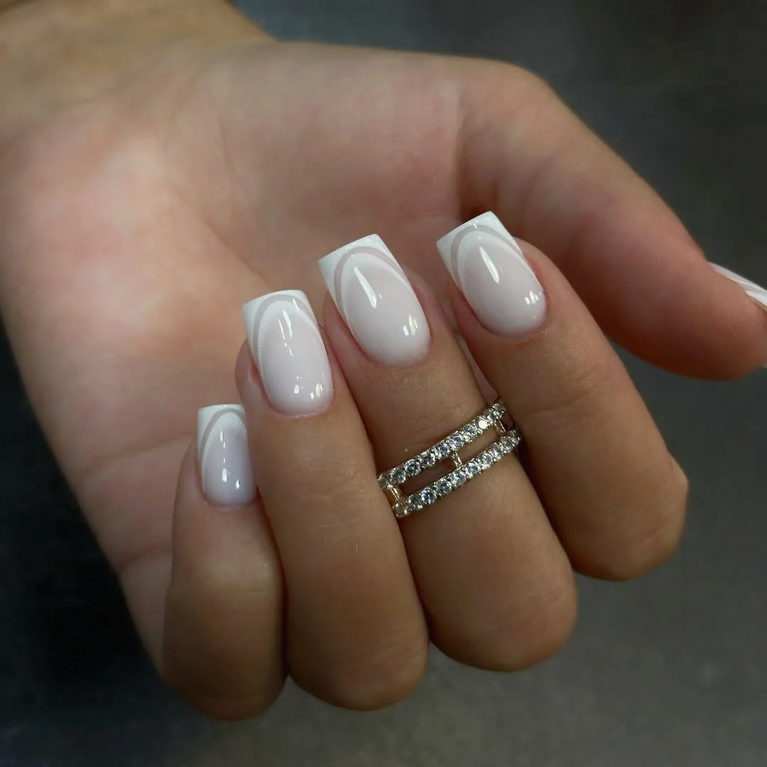 June manicure ideas 2026 Milky Square French Nails with Glossy Linework