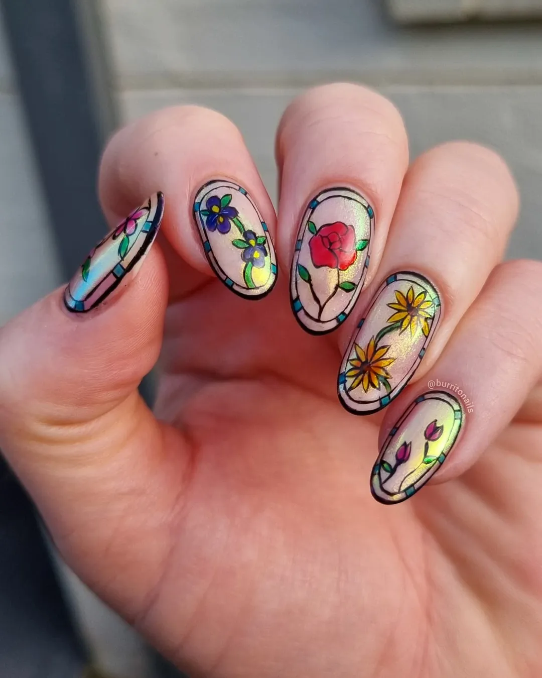 June manicure ideas 2026 Stained Glass Floral Almond Nails