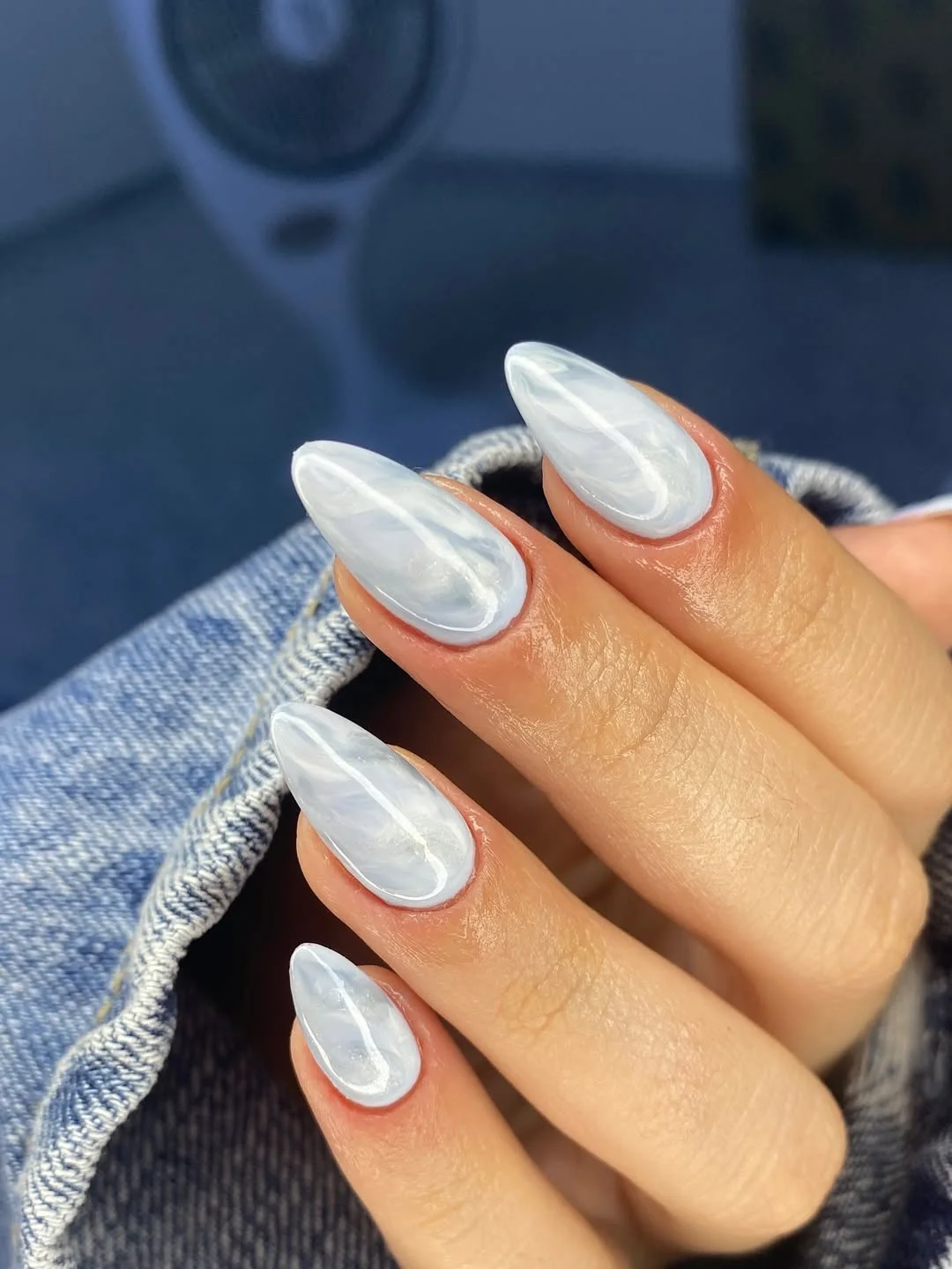June manicure ideas 2026 Pale Blue Marble Almond Nails