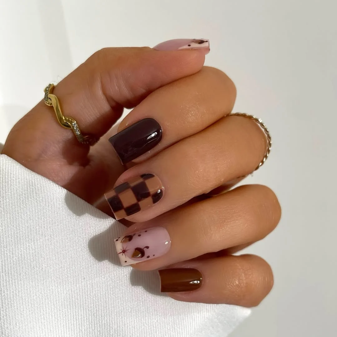 June manicure ideas 2026 Chocolate Checkerboard Square Nails