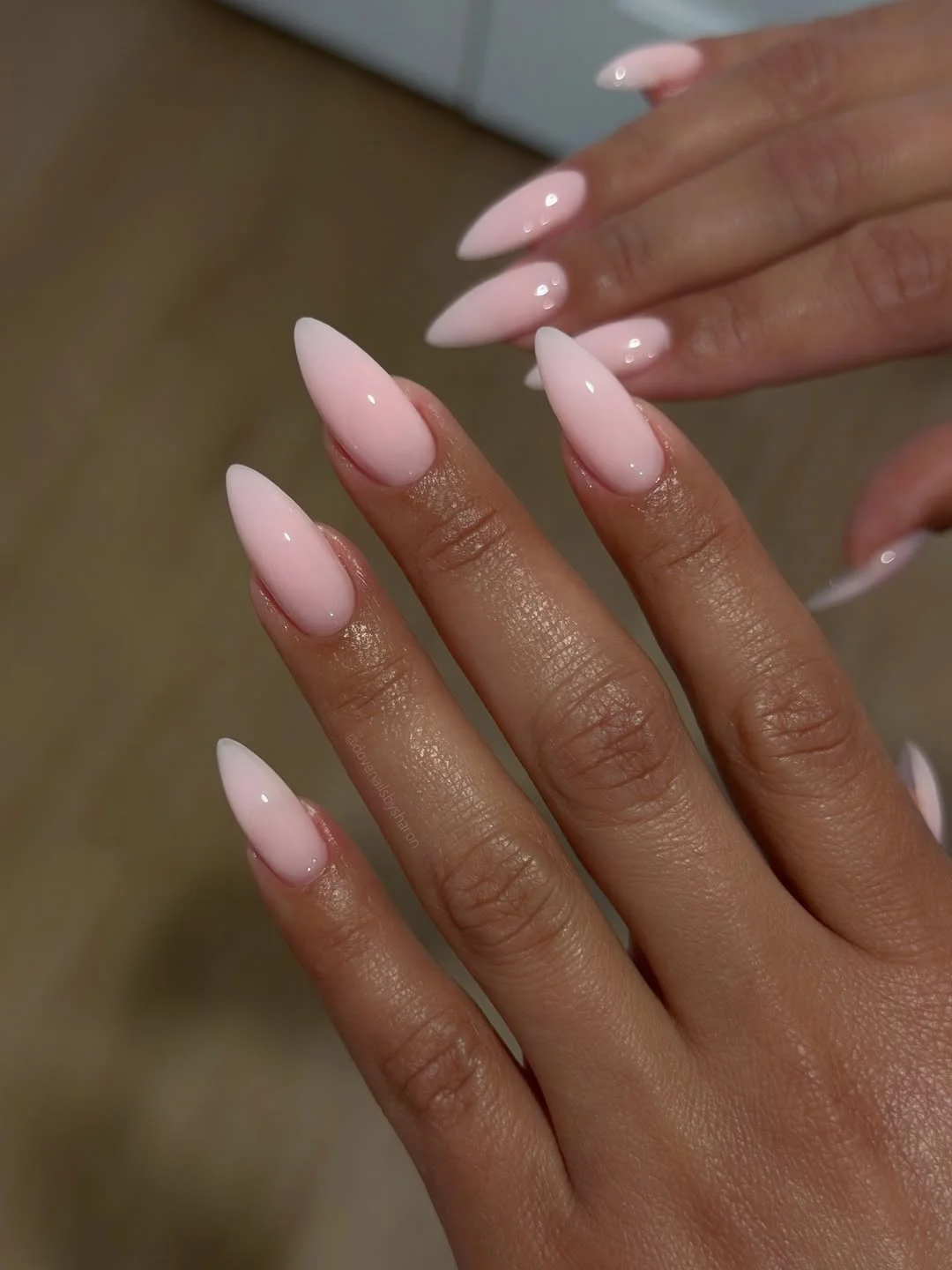 June manicure ideas 2026 Glossy Baby Pink Stiletto Nails