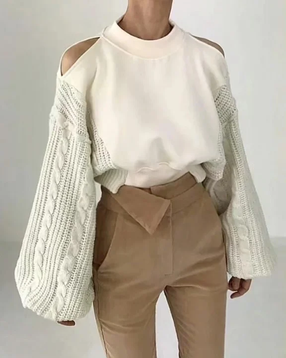 new trends fall fashion 2026 Cream Knit Sleeves and Paperbag Trousers