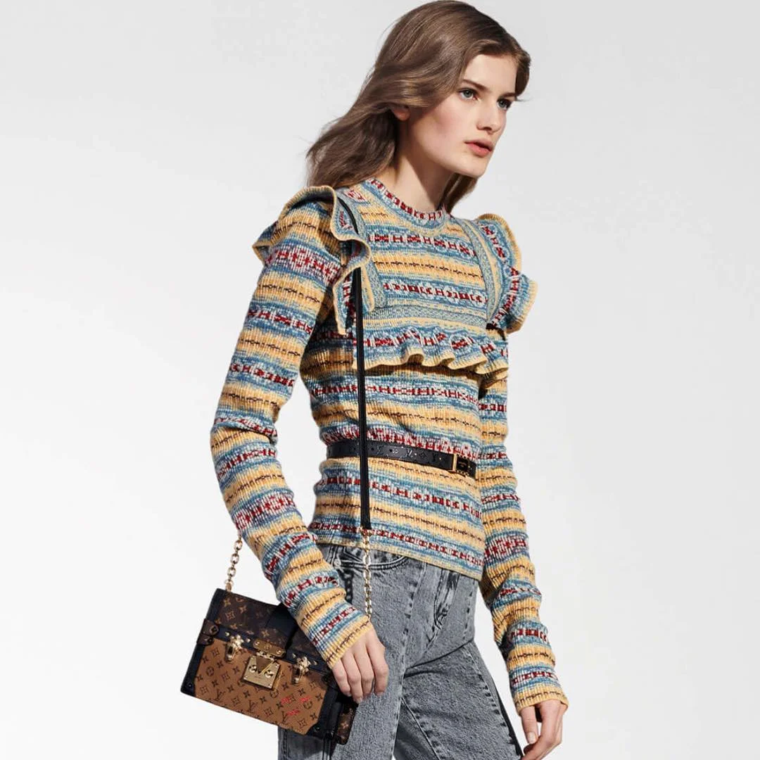 new trends fall fashion 2026 Ruffled Knit Stripes With Gray Denim
