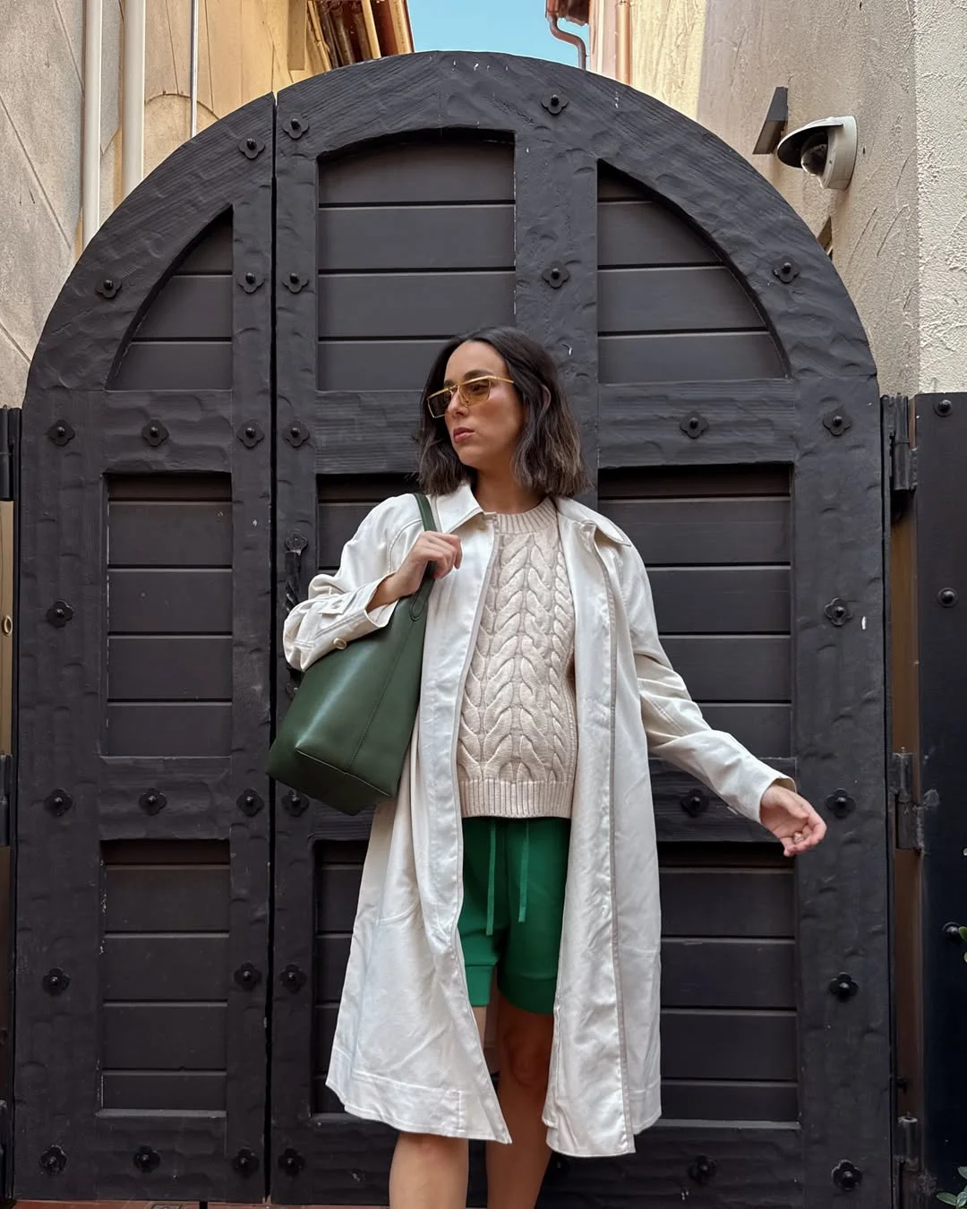 new trends fall fashion 2026 Cable Knit, Green Shorts and a White Trench