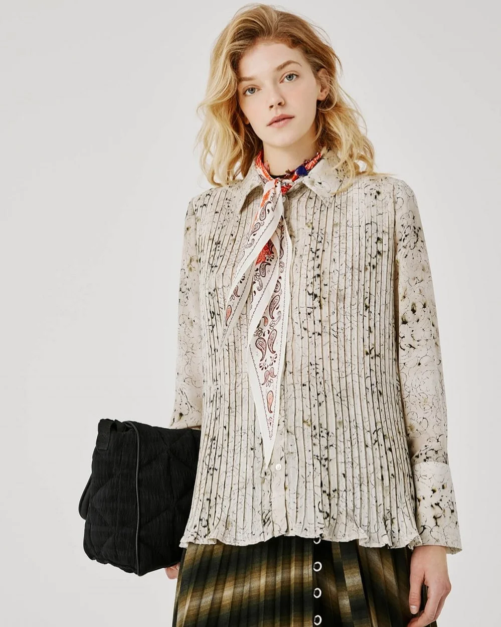 new trends fall fashion 2026 Scarf-Tied Blouse With Pleated Plaid Layers