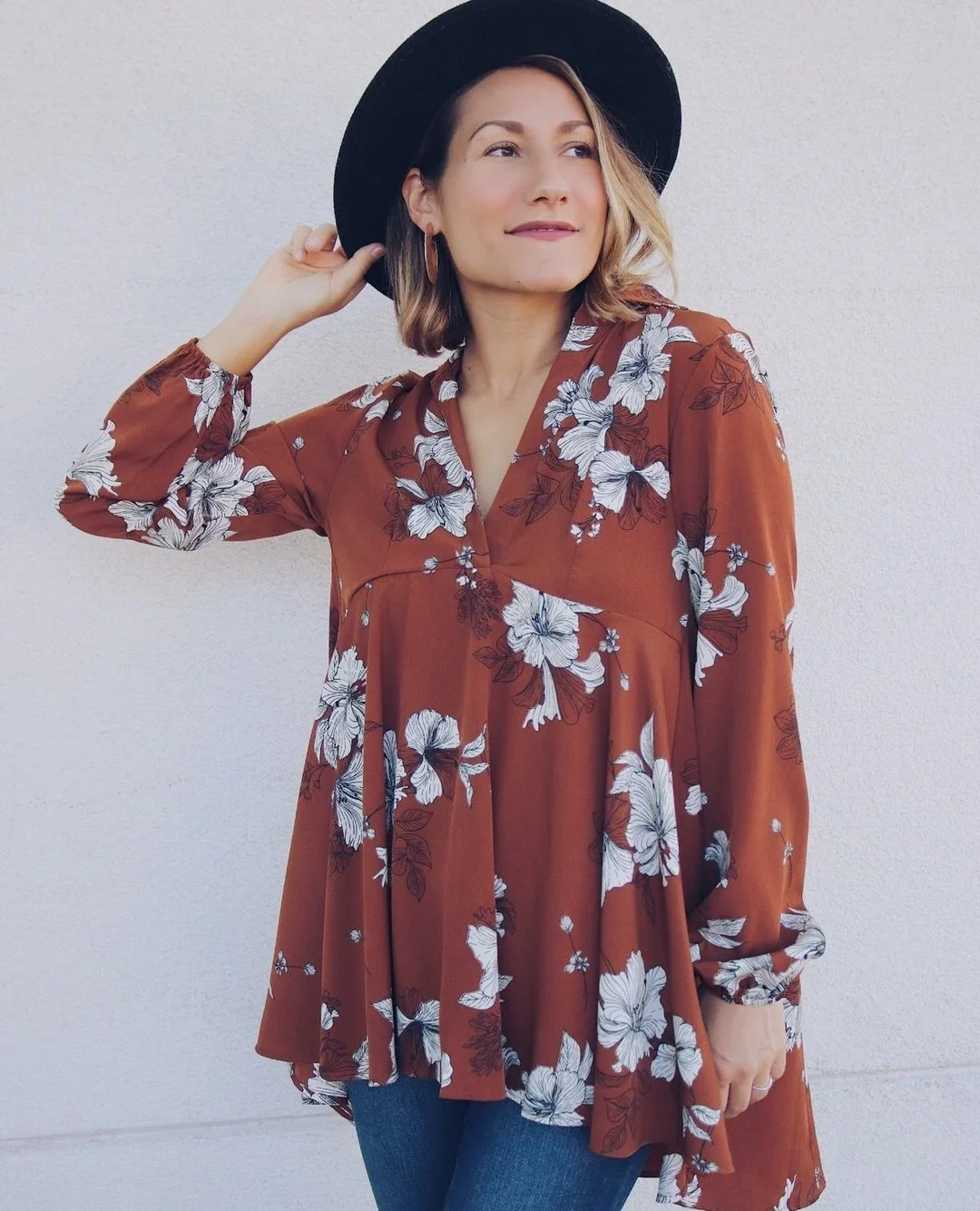 new trends fall fashion 2026 Rust Florals and a Black Hat for Autumn Ease