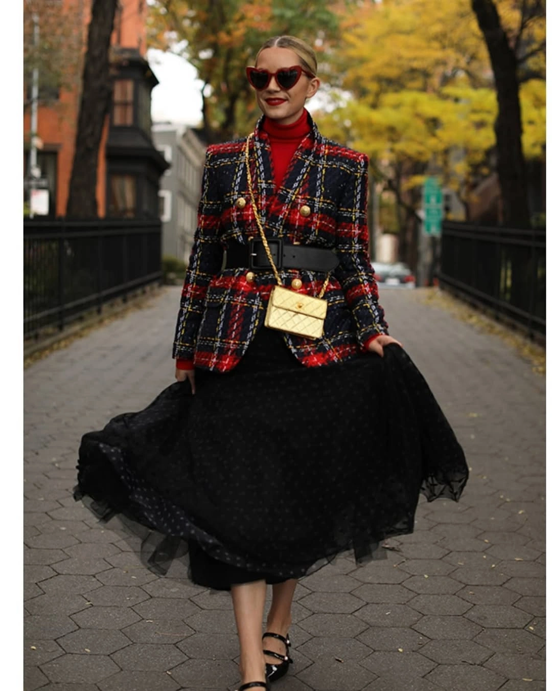 nice fall outfits 2026 Tailored Plaid and a Soft Black Midi for an Artful Evening
