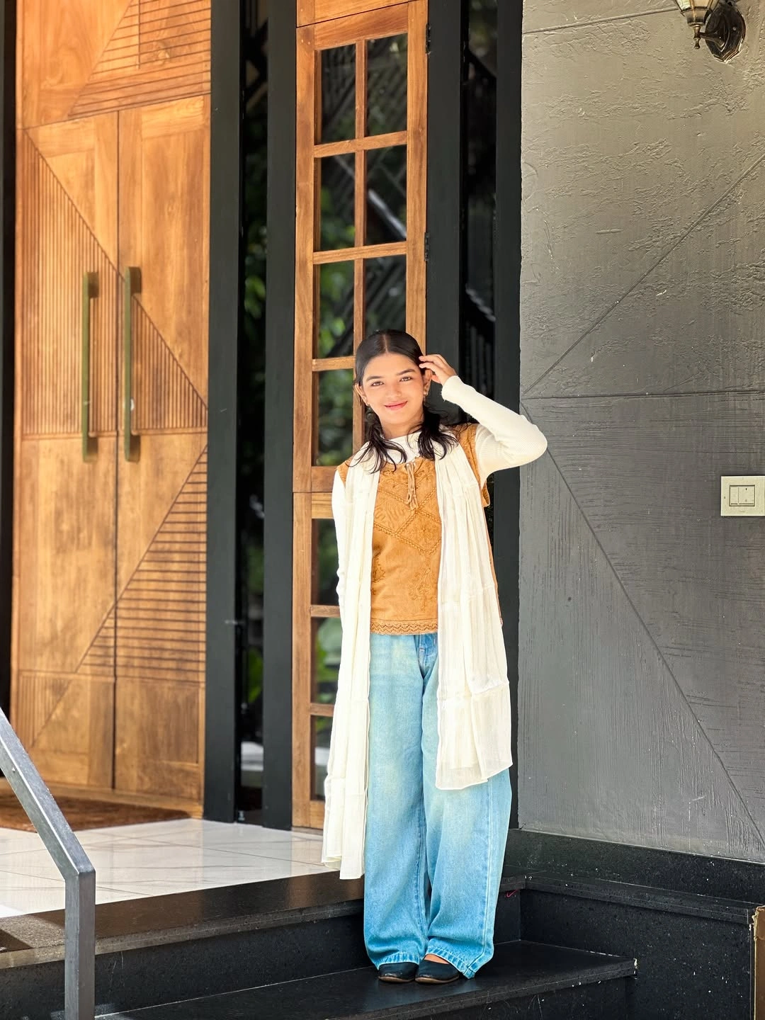 nice fall outfits 2026 Mustard Embroidery and Light Denim with a Long Cream Layer