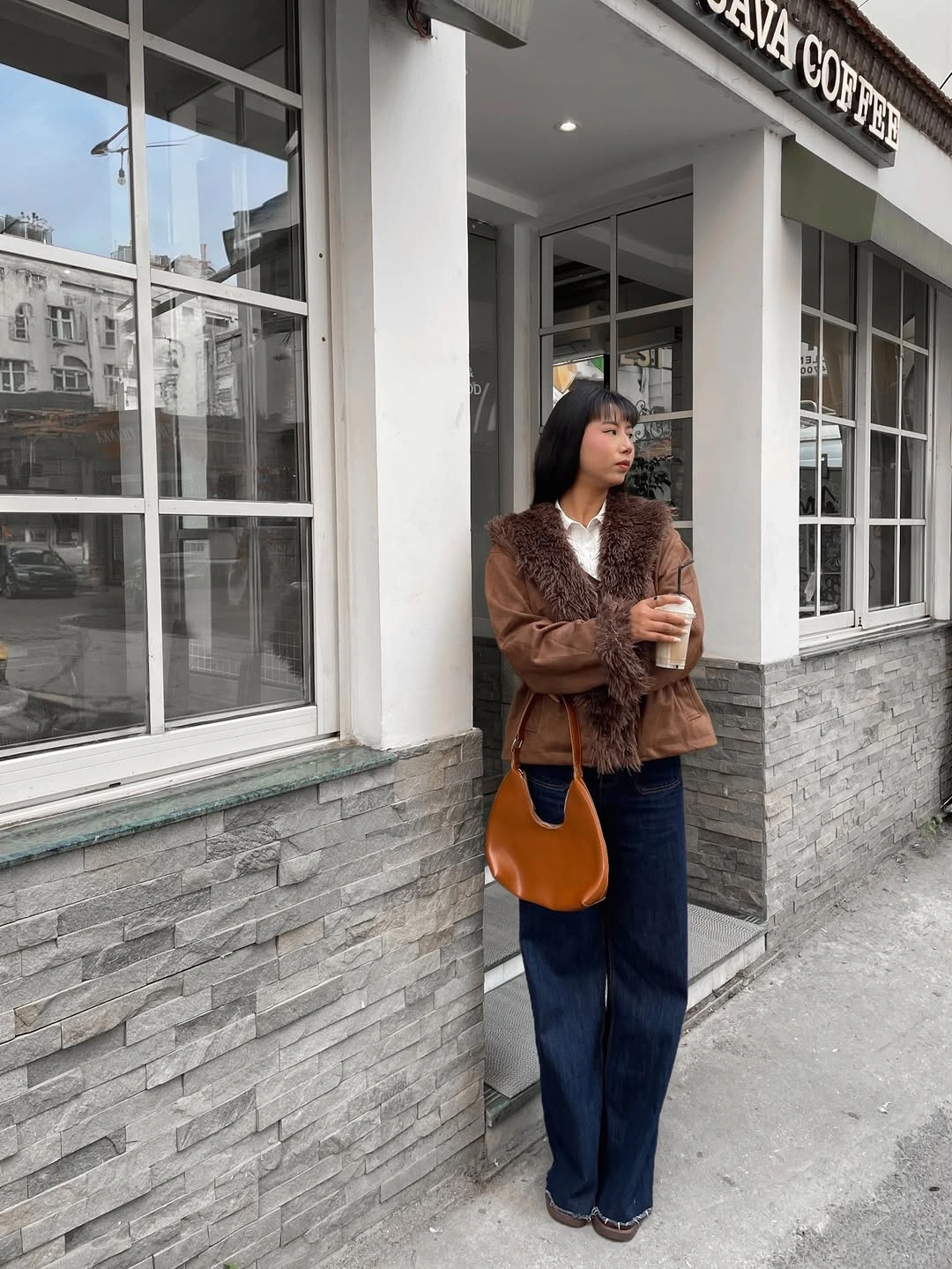 nice fall outfits 2026 Rich Brown Layers with Dark-Wash Wide-Leg Jeans