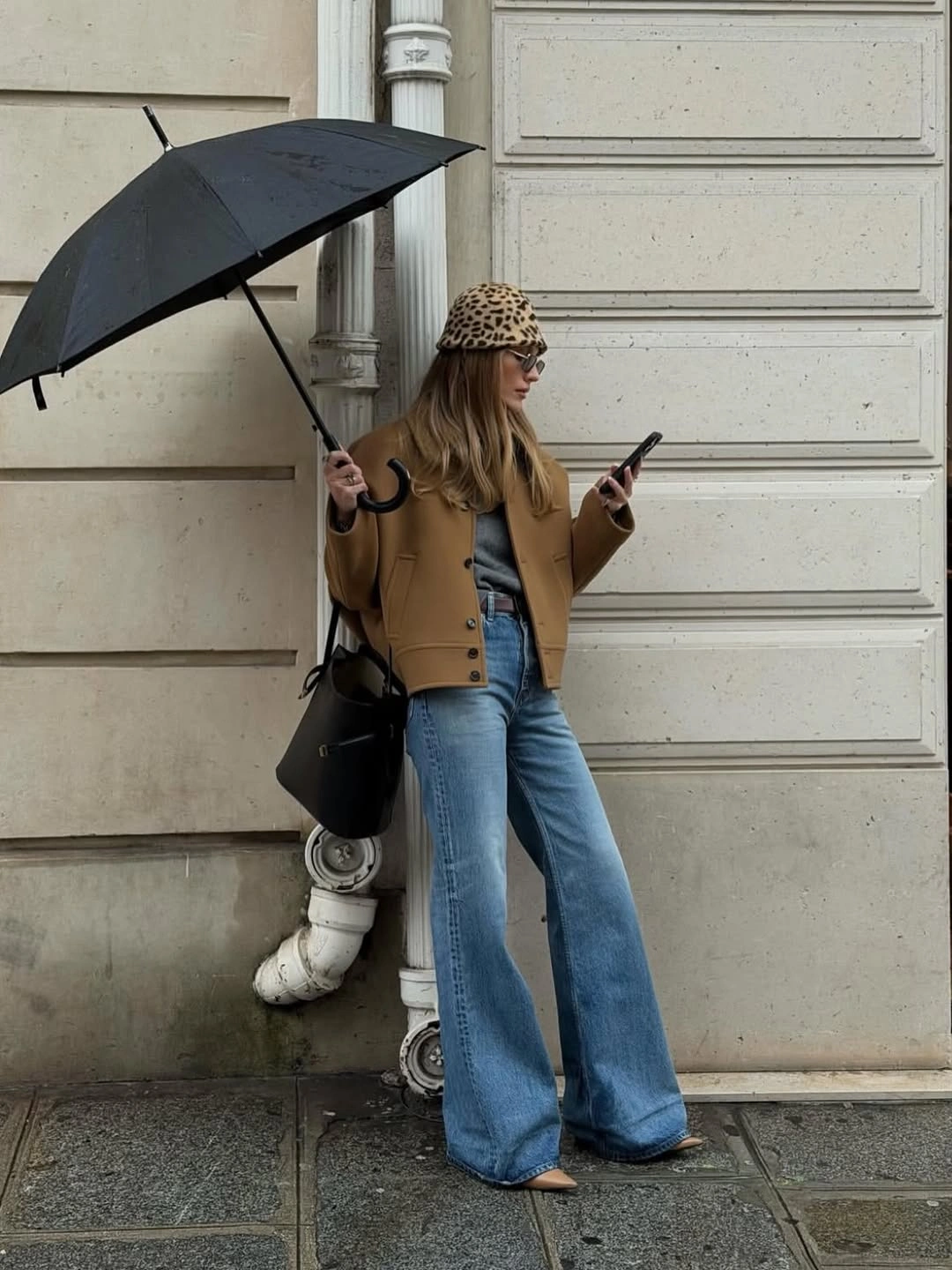 nice fall outfits 2026 Camel Wool and Flared Denim for a Rainy Fall Day