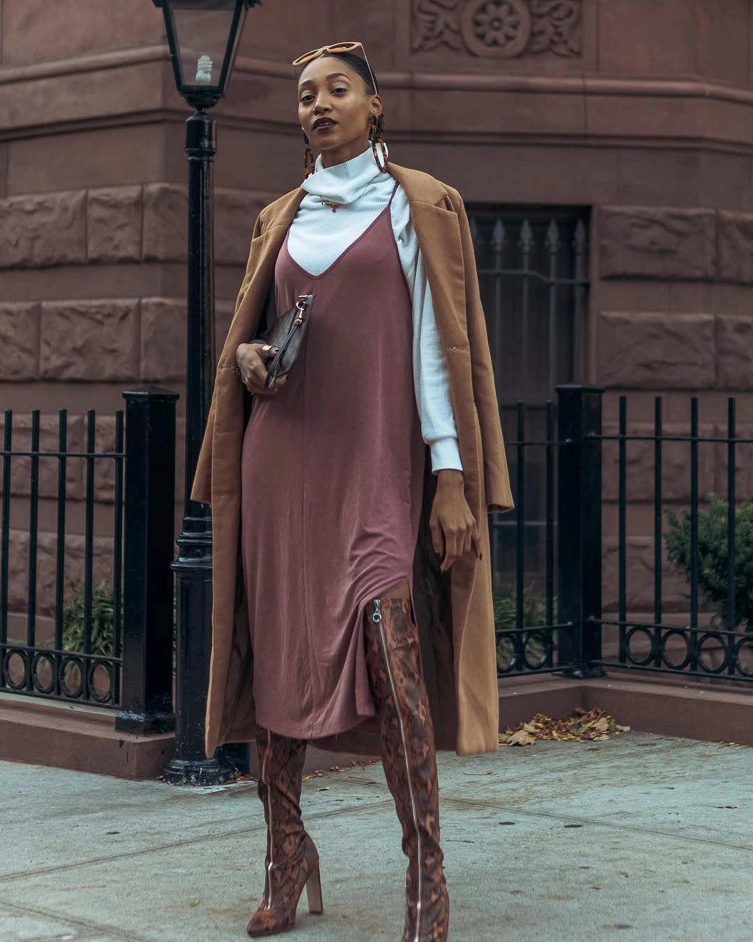 nice fall outfits 2026 Slip Dress Layering with Camel Wool and Animal-Print Boots