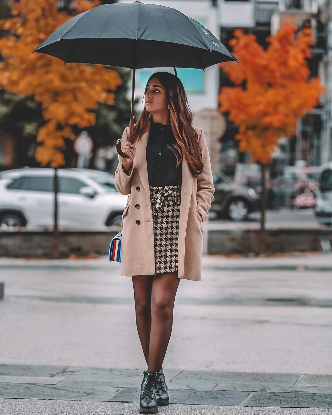 nice fall outfits 2026 Rainy-Day Tailoring with a Patterned Mini Skirt