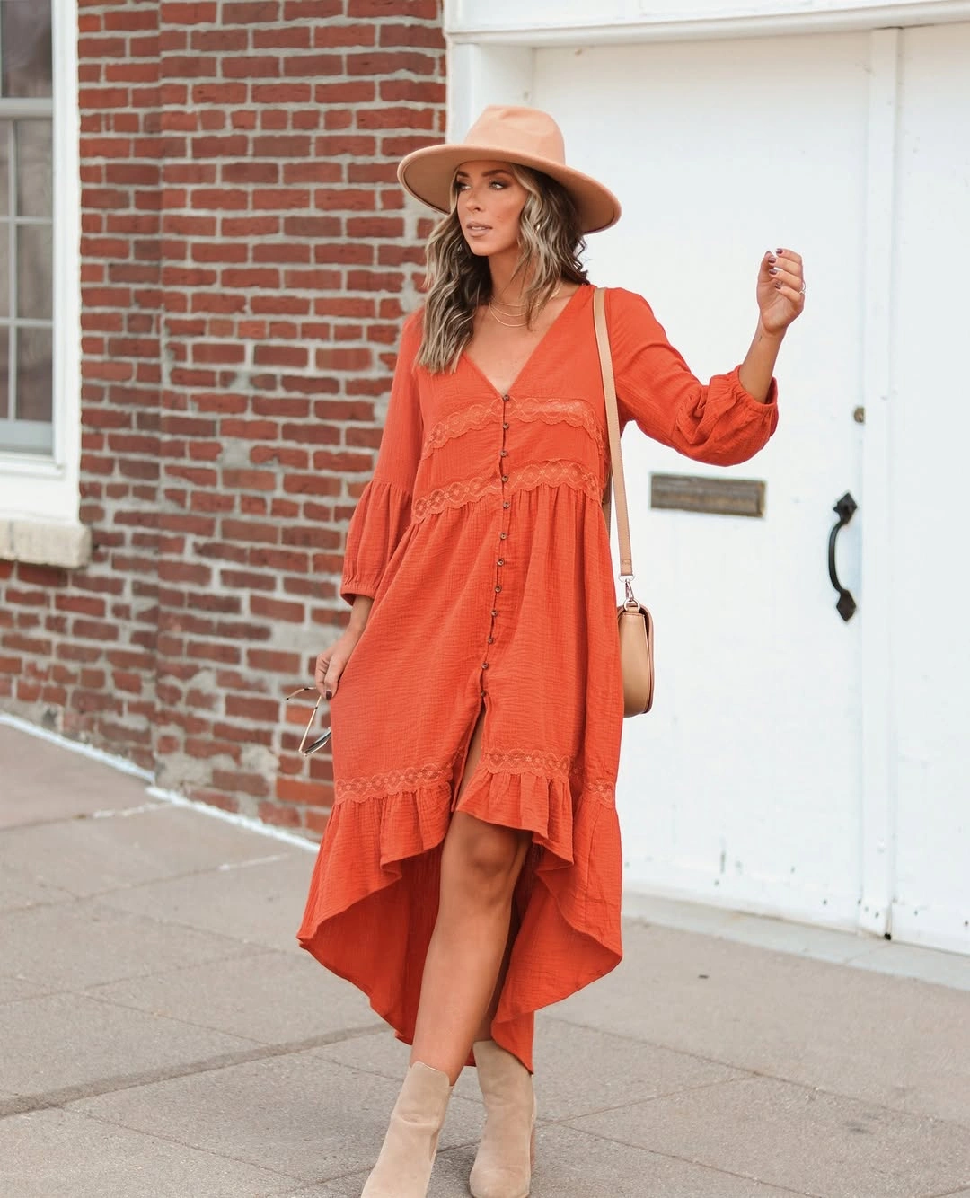 nice fall outfits 2026 Burnt Orange Midi Dress with Soft Western Details