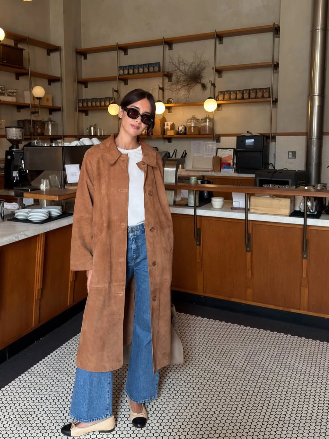nice fall outfits 2026 Camel Suede with Wide-Leg Denim for Coffee Dates