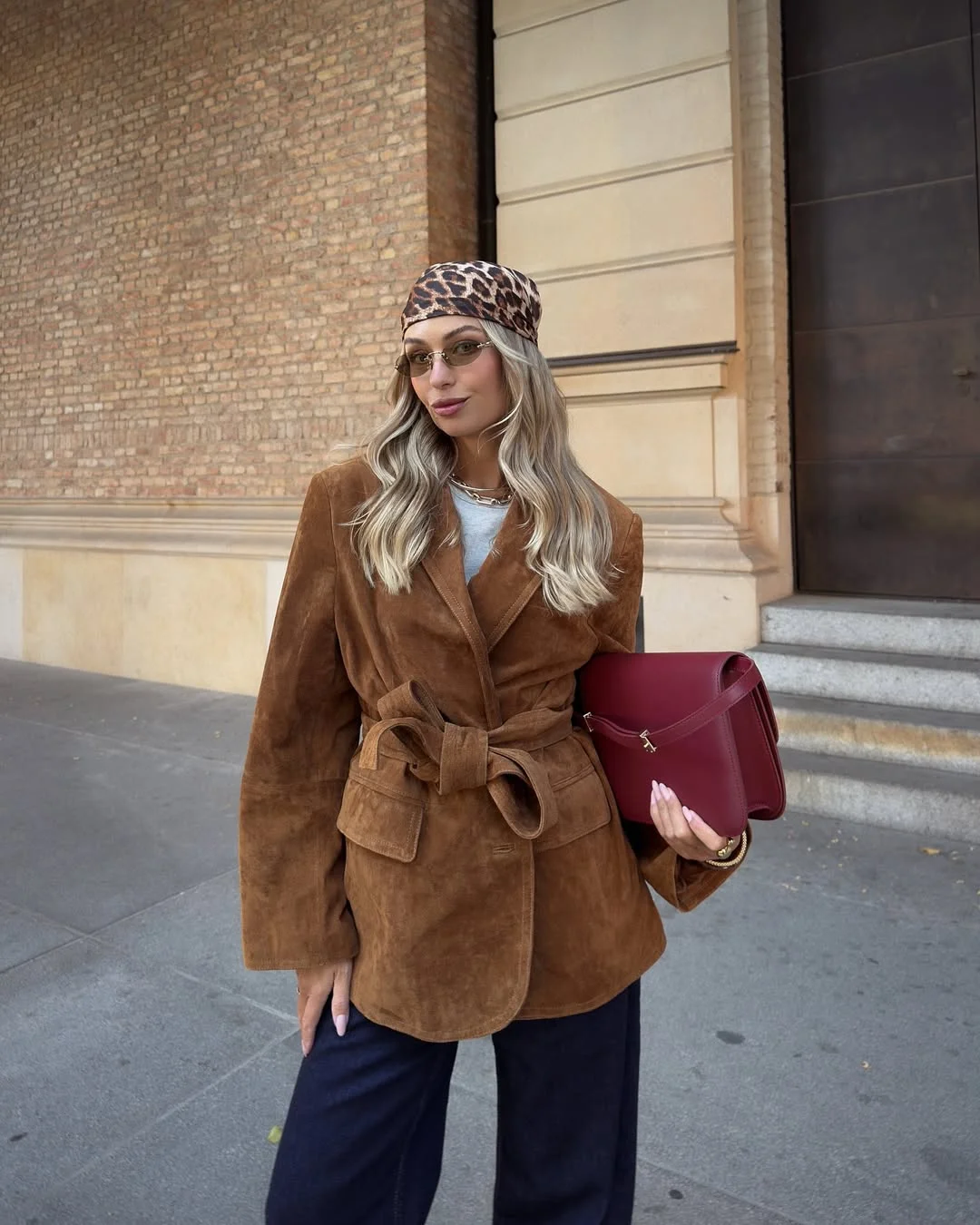new trends fall fashion 2026 + Suede Spice and a Leopard Scarf with a Statement Red Bag