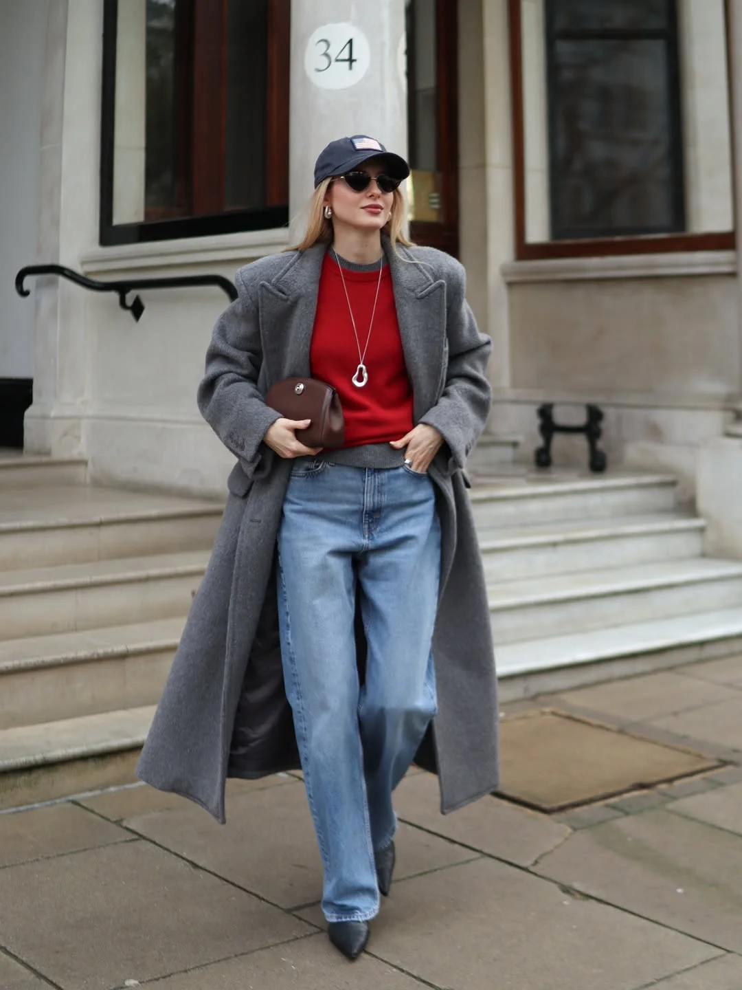 new trends fall fashion 2026 + Gray Coat and Red Knit for a Clean Color Hit