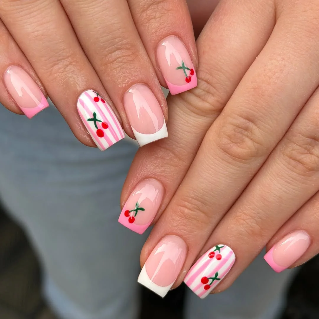 plain summer nails 2026 + Cherry Pink Square French Nails
