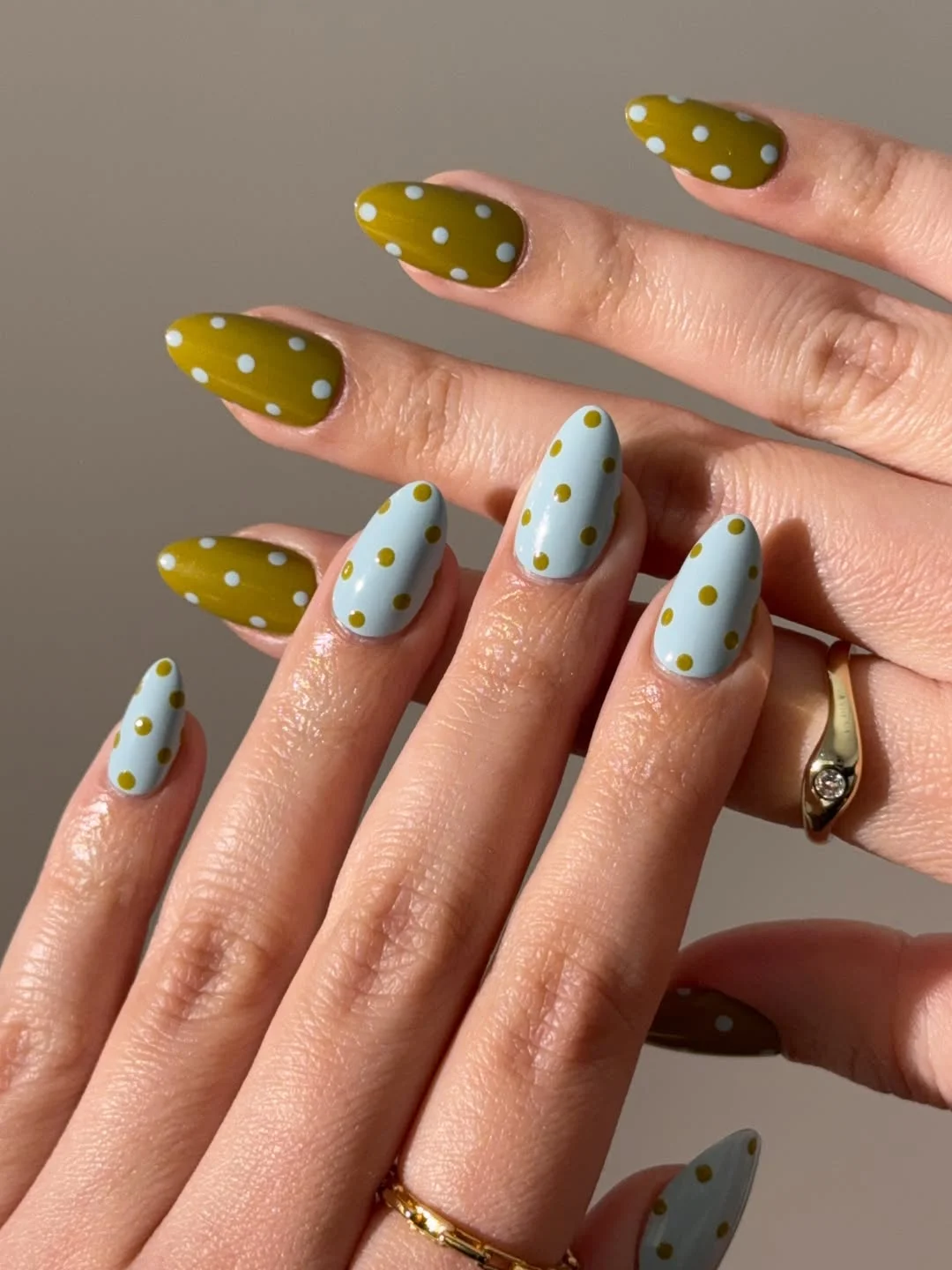 plain summer nails 2026 + Olive And Powder Blue Polka Dot Almond Nails