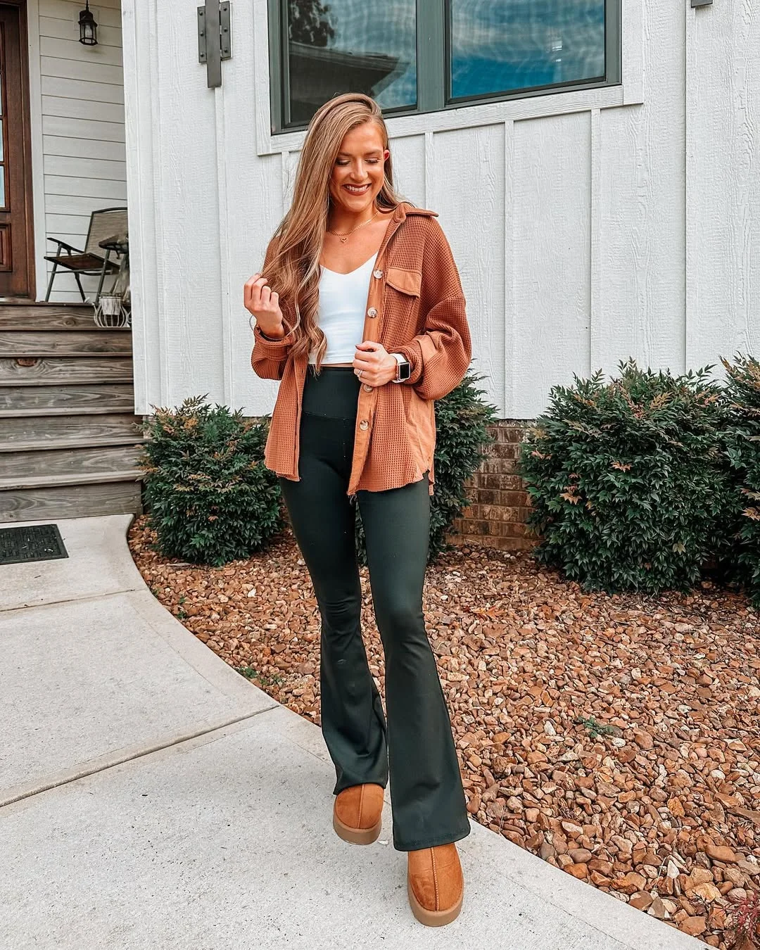 simpl fall outfits 2026 Rust Shacket and Black Split-Hem Pants