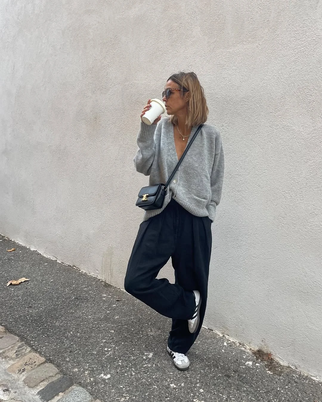 simpl fall outfits 2026 Soft Gray Cardigan and Relaxed Black Trousers