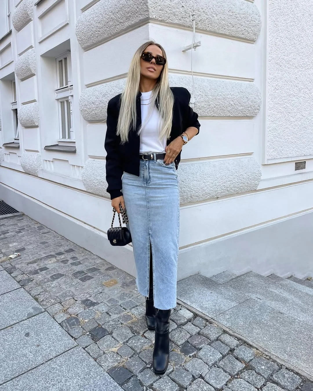 simpl fall outfits 2026 Black Blazer With a Denim Midi Skirt