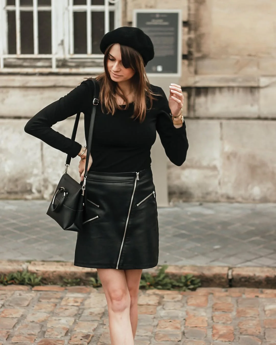 simpl fall outfits 2026 Black Long-Sleeve Top and Leather Zip Skirt