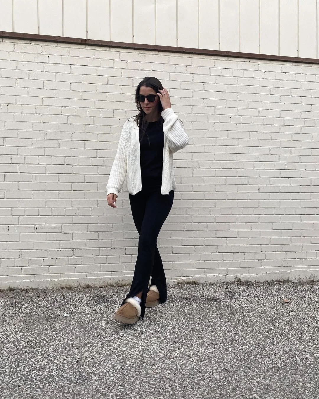simpl fall outfits 2026 Cream Cardigan and Split-Hem Leggings