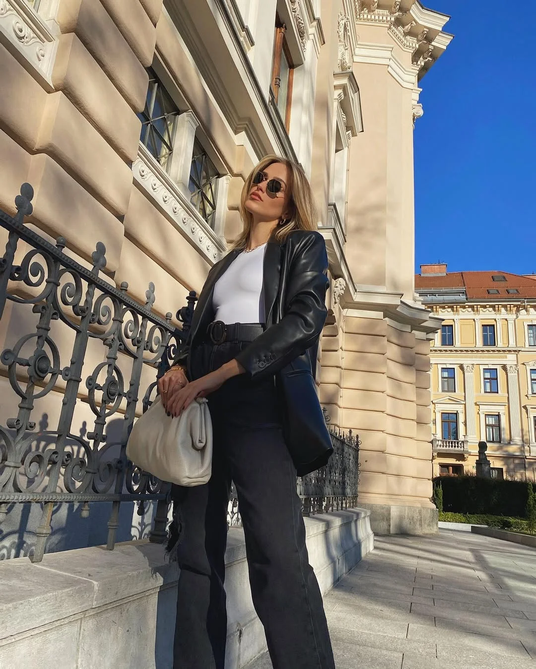simpl fall outfits 2026 Leather Blazer, White Tee, and Wide-Leg Denim