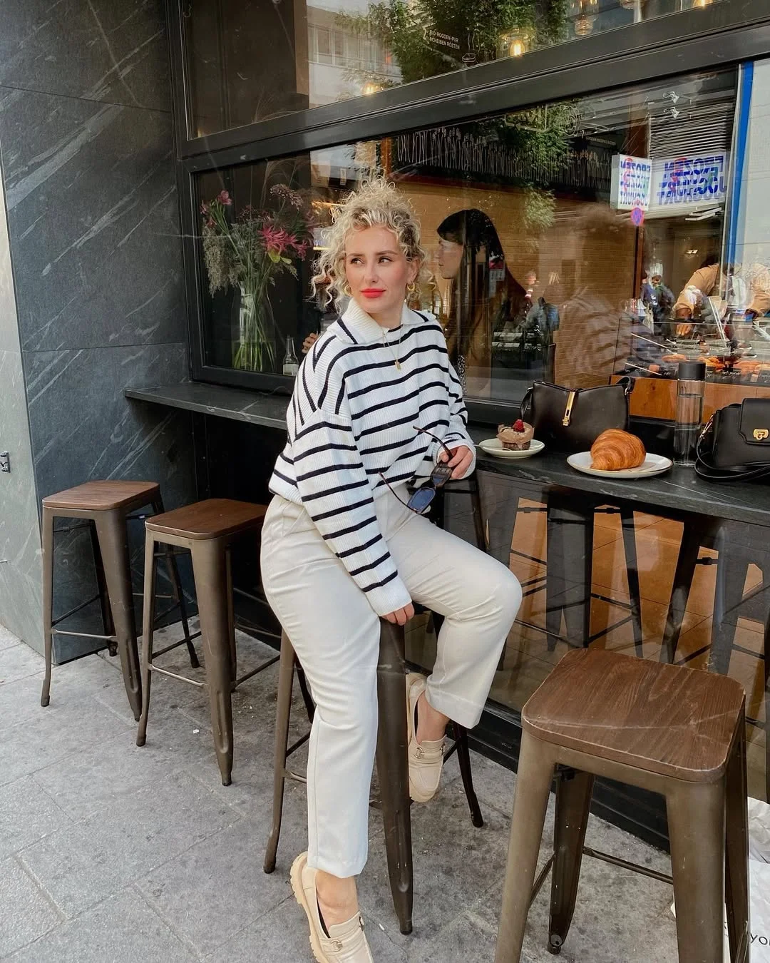 simpl fall outfits 2026 Striped Knit and Cream Trousers for a Polished Coffee Run