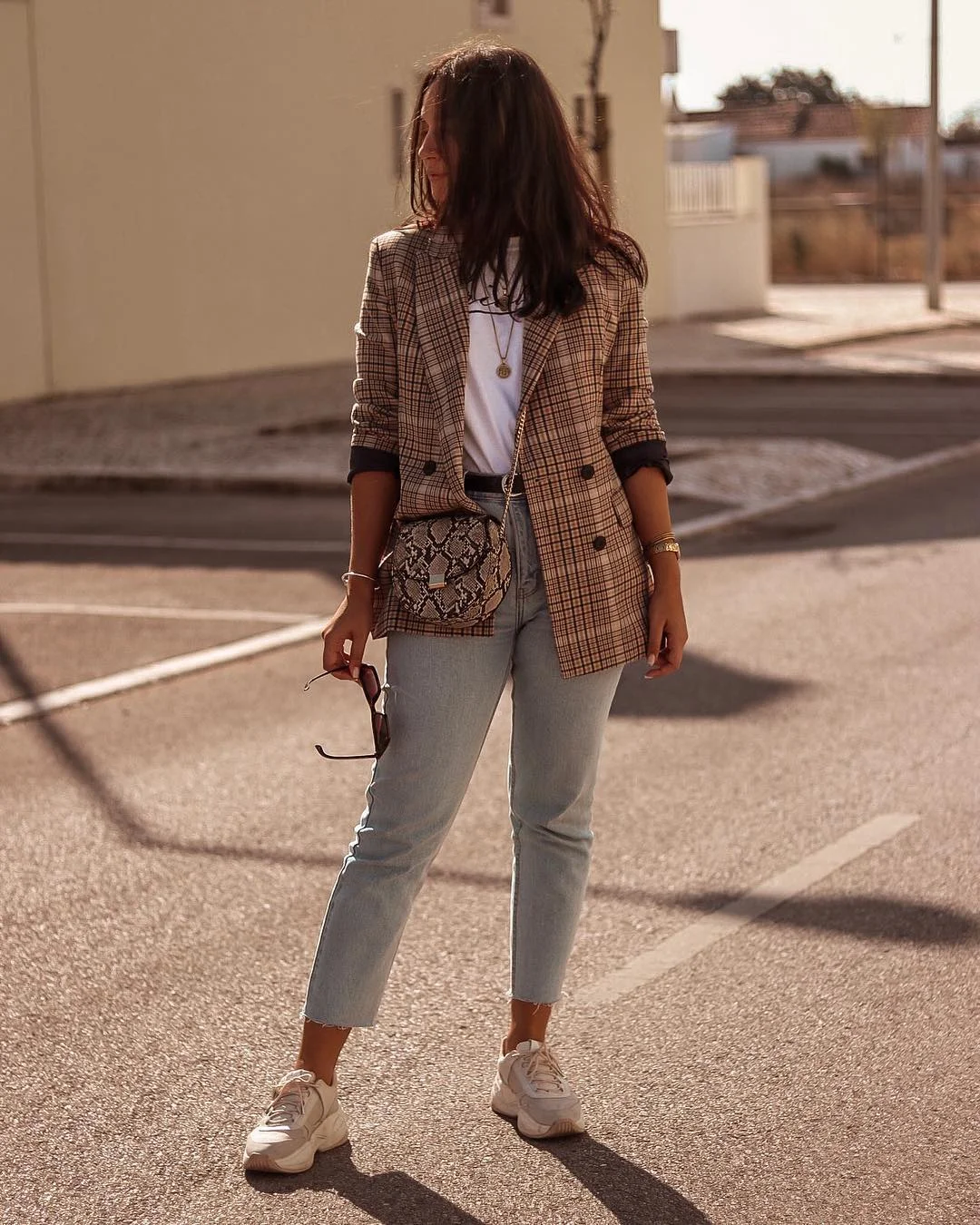 simpl fall outfits 2026 Plaid Blazer With Light Jeans and Chunky Sneakers