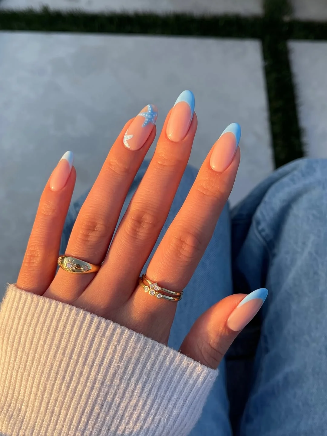 starfish summer nails 2026 + Soft Blue Almond Tips with Tiny Starfish Details