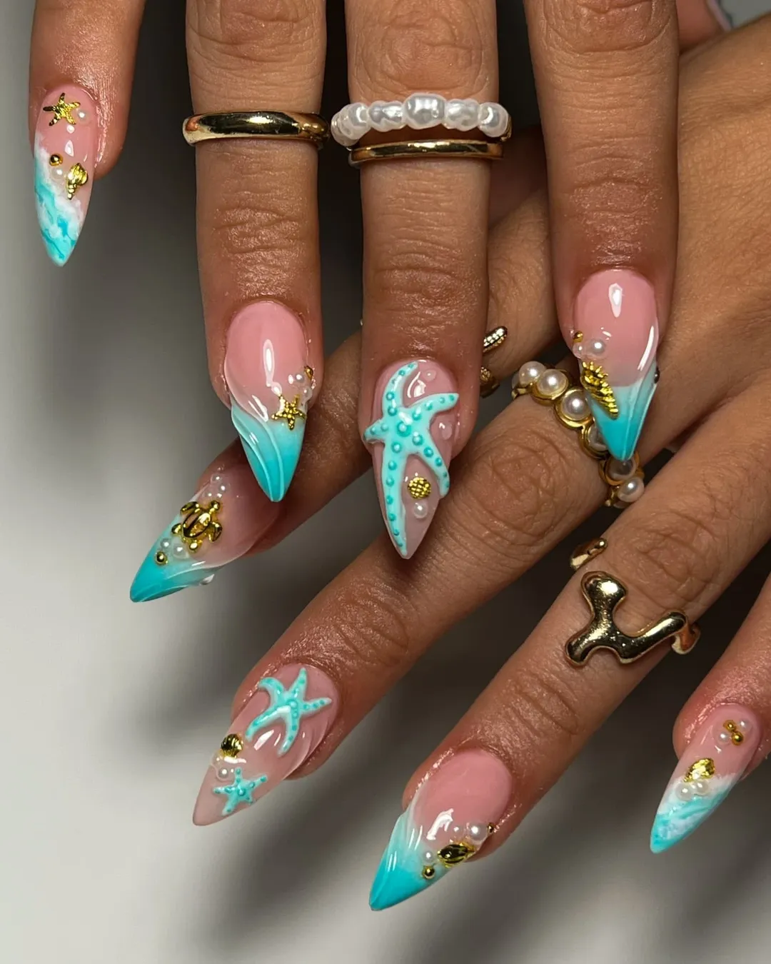 starfish summer nails 2026 + Teal Ocean Tips with Gold Starfish Charms