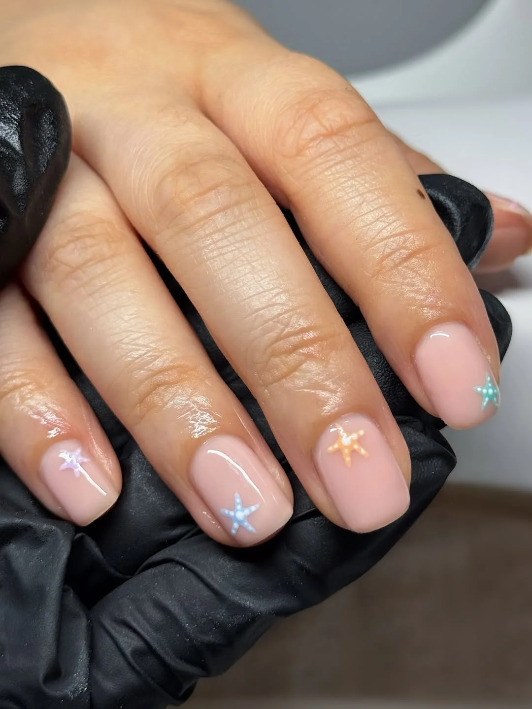 starfish summer nails 2026 + Tiny Pastel Starfish on Glossy Short Nails