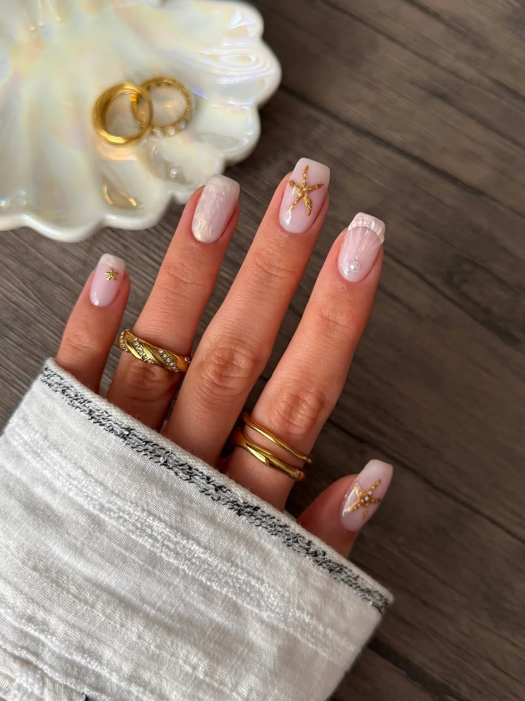 starfish summer nails 2026 + Gold Starfish and Pearly Square Shell Nails