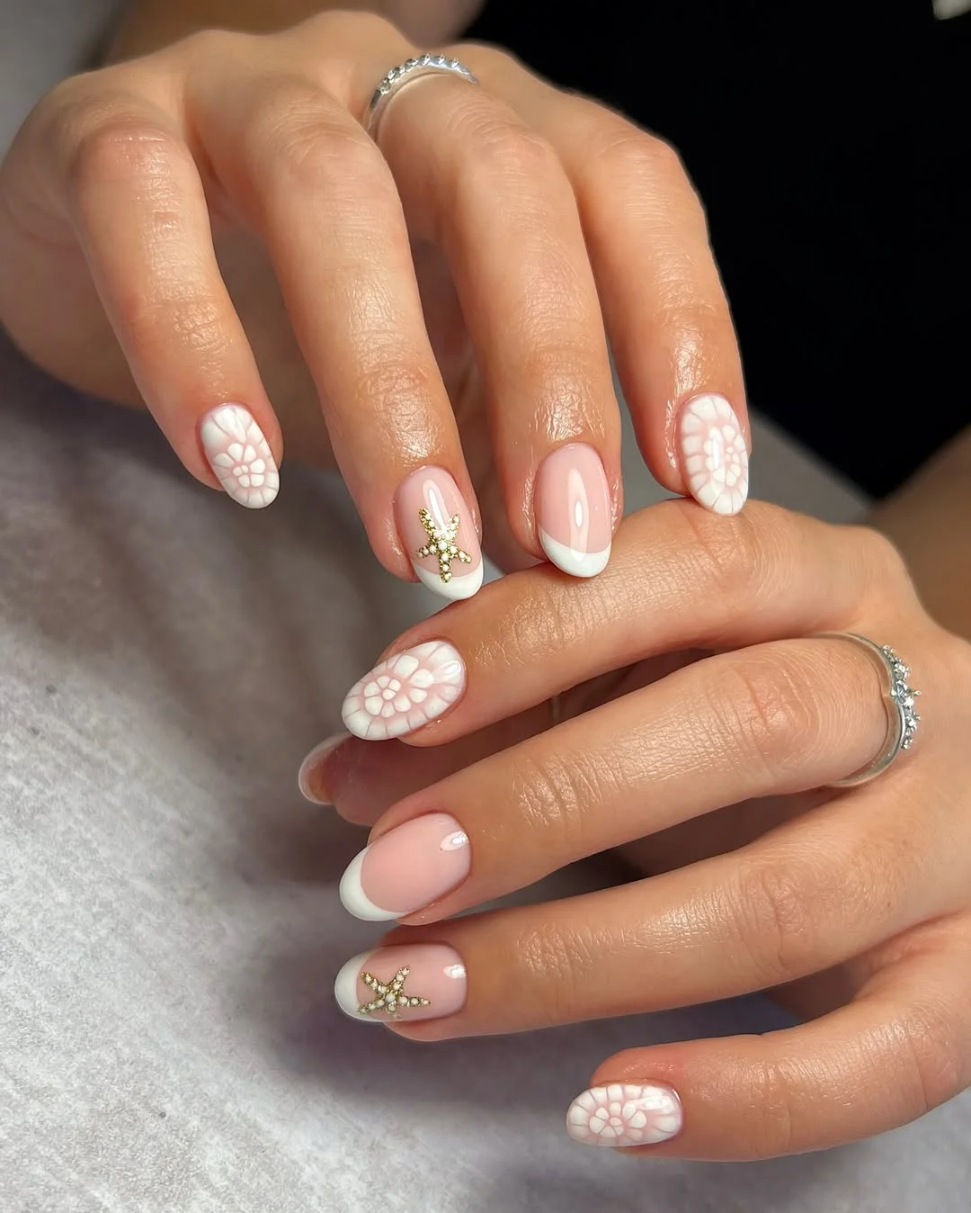 starfish summer nails 2026 + Soft White French Nails with Gold Starfish Charms