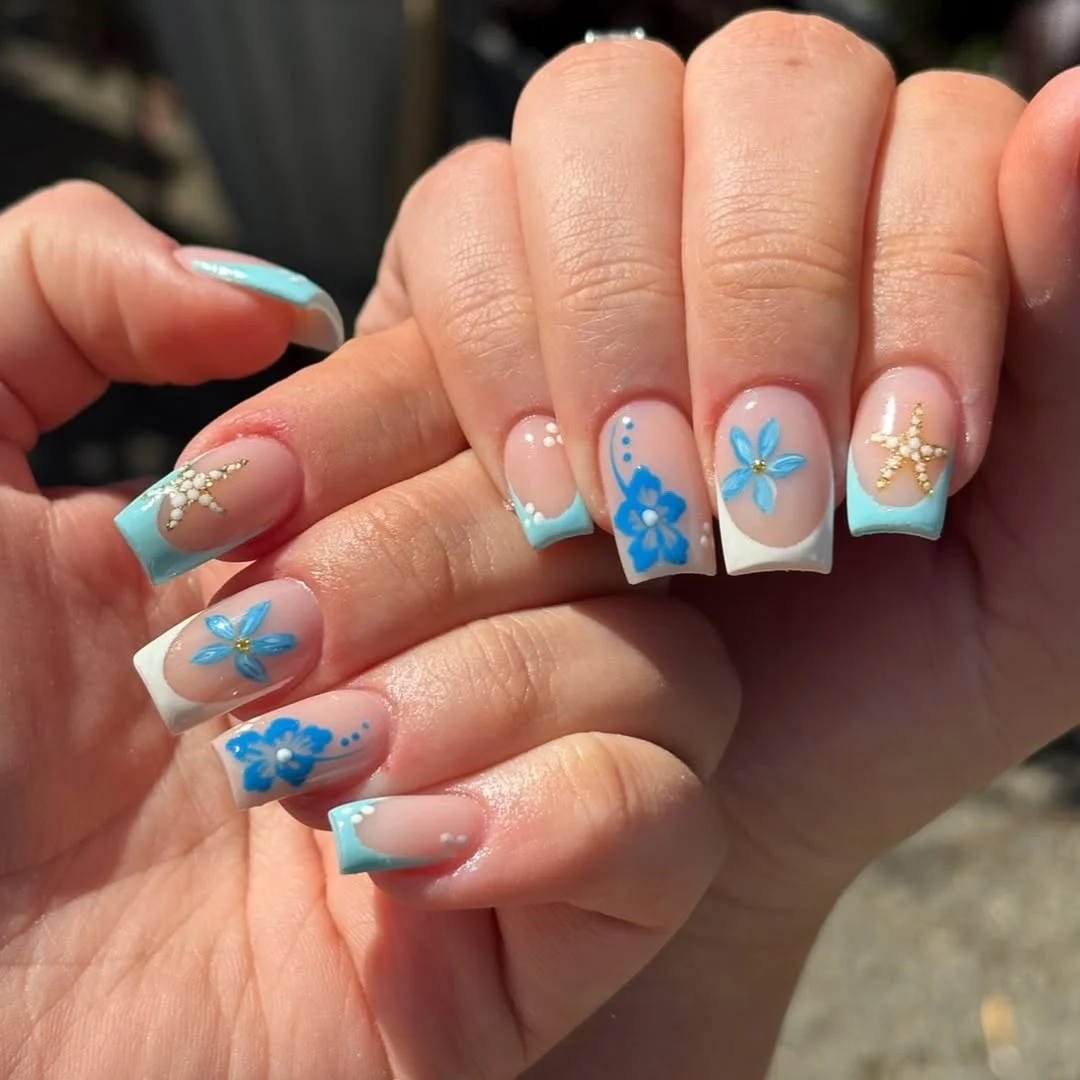 starfish summer nails 2026 + Blue Floral Square Tips with Gold Starfish