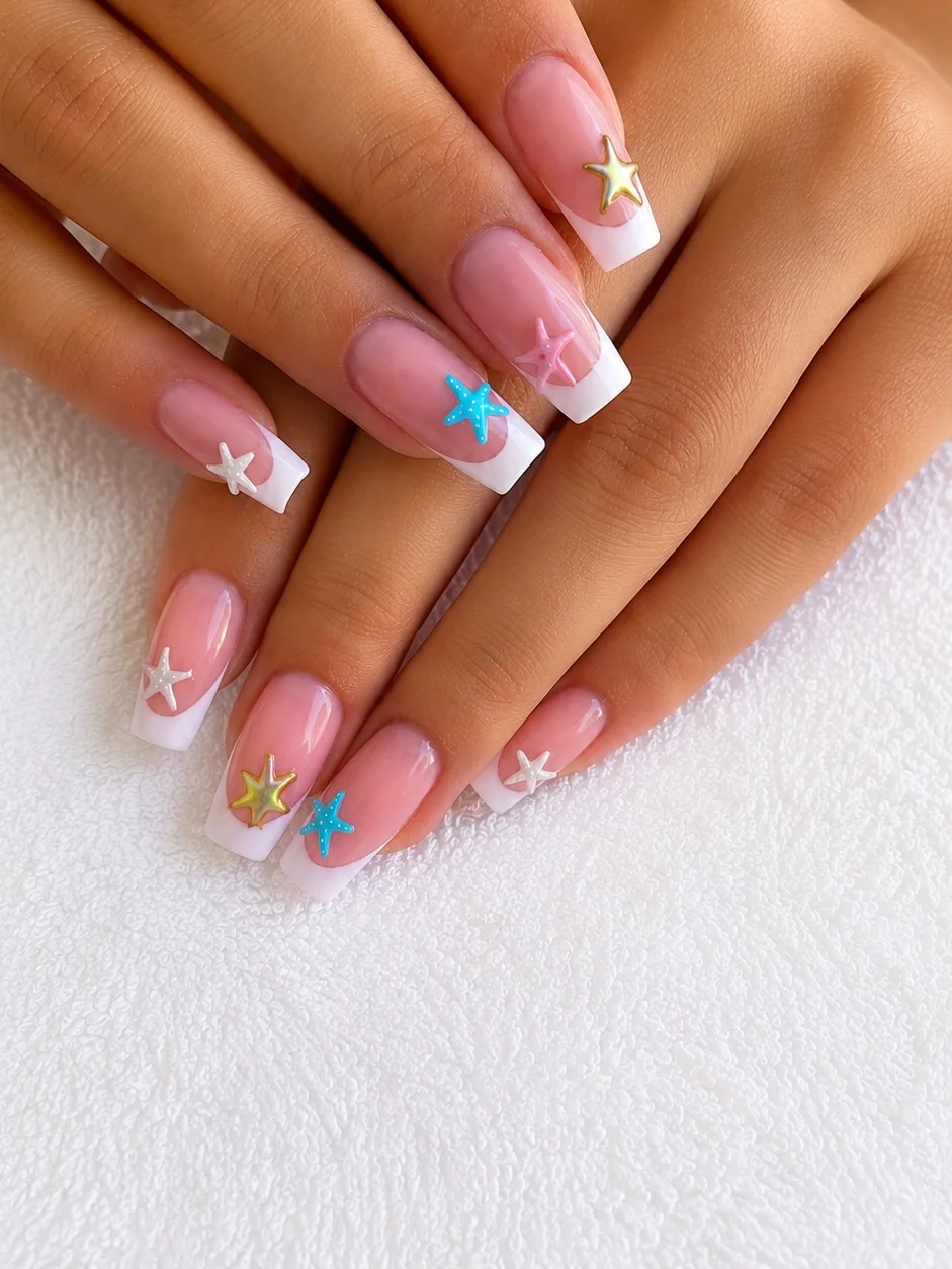 starfish summer nails 2026 + Classic Square French Tips with Colorful Starfish